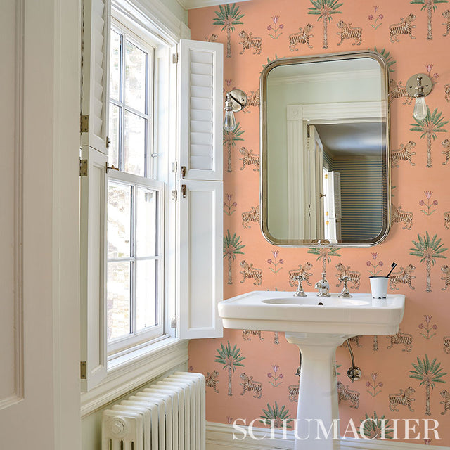 Tiger Palm Crimson on Peach by Schumacher Mystique Collection Wallpaper – Schumacher 5012920