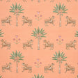 Tiger Palm wallpaper in crimson on peach with stylized tigers, palm trees, and Ottoman flowers, Mystique collection by Schumacher.