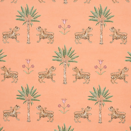 Tiger Palm wallpaper in crimson on peach with stylized tigers, palm trees, and Ottoman flowers, Mystique collection by Schumacher.