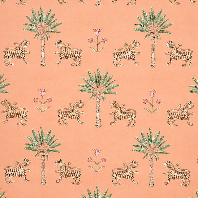 Tiger Palm wallpaper in crimson on peach with stylized tigers, palm trees, and Ottoman flowers, Mystique collection by Schumacher.