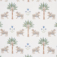 Tiger Palm Delft wallpaper by Schumacher featuring stylized tigers, palm trees, and Ottoman flowers in blue and green on a white background.