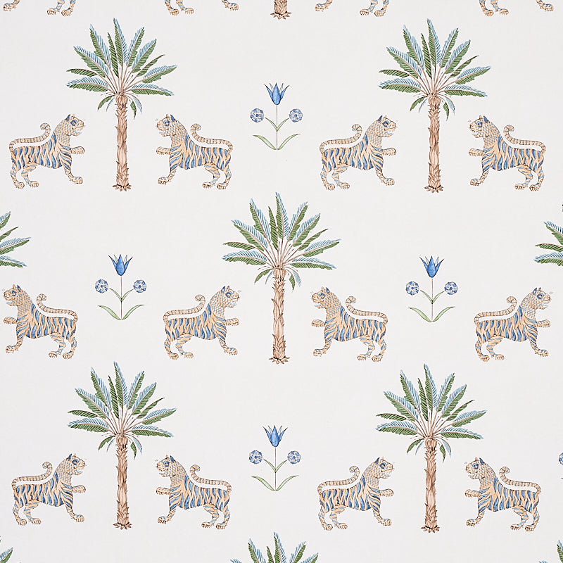 Tiger Palm Delft wallpaper by Schumacher featuring stylized tigers, palm trees, and Ottoman flowers in blue and green on a white background.
