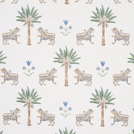 Tiger Palm Delft wallpaper by Schumacher featuring stylized tigers, palm trees, and Ottoman flowers in blue and green on a white background.