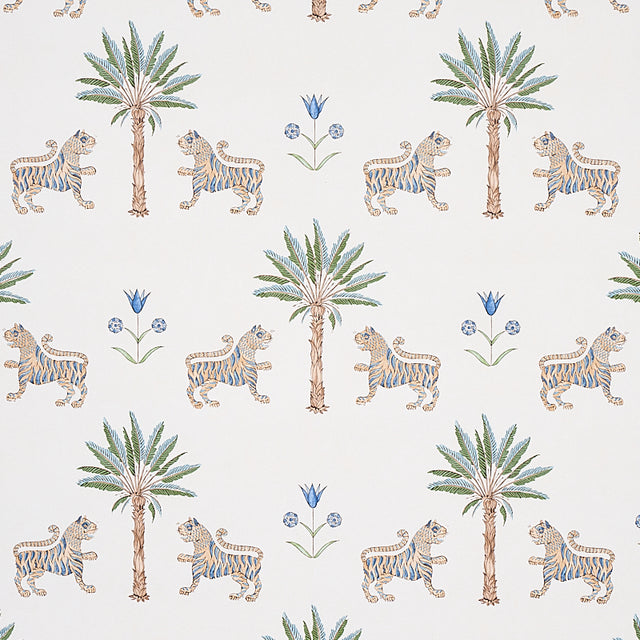Tiger Palm Delft wallpaper by Schumacher featuring stylized tigers, palm trees, and Ottoman flowers in blue and green on a white background.