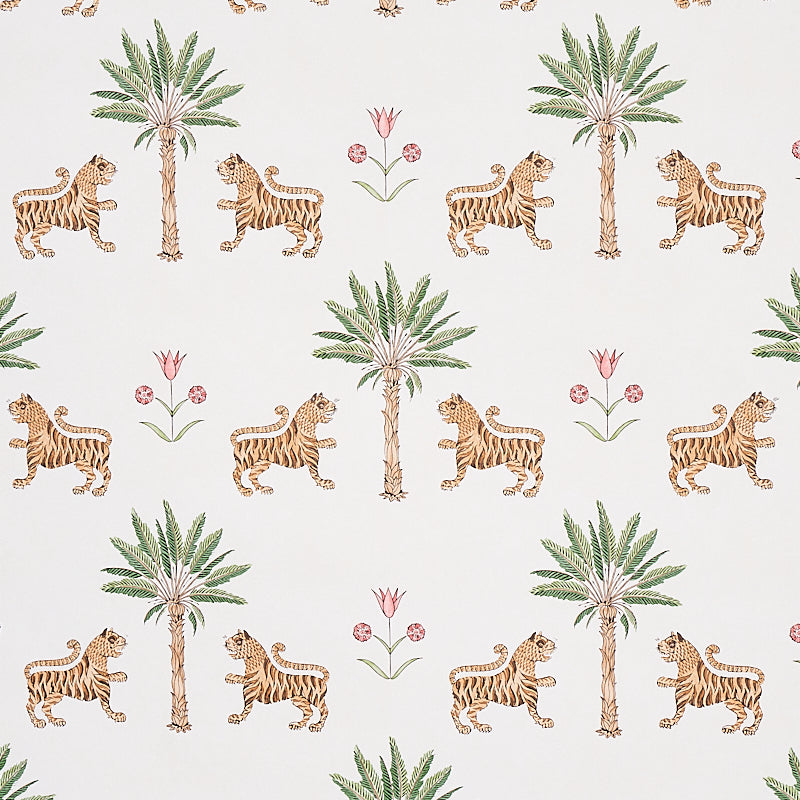 Tiger Palm Crimson wallpaper by Schumacher featuring stylized tigers, palm trees, and Ottoman flowers in a mid-scale pattern.
