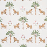 Tiger Palm Crimson wallpaper by Schumacher featuring stylized tigers, palm trees, and Ottoman flowers in a mid-scale pattern.