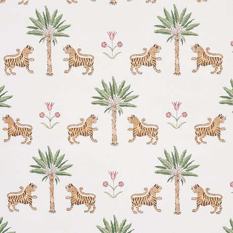 Tiger Palm Crimson wallpaper by Schumacher featuring stylized tigers, palm trees, and Ottoman flowers in a mid-scale pattern.