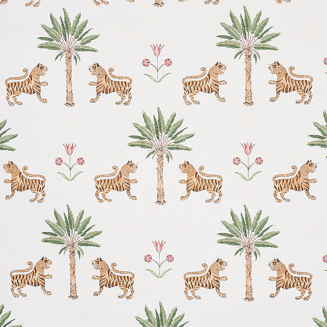 Tiger Palm Crimson wallpaper by Schumacher featuring stylized tigers, palm trees, and Ottoman flowers in a mid-scale pattern.