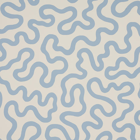 RILEY wallpaper in sky on ivory by Schumacher, featuring a modern vermicelli pattern in blue on a white background.