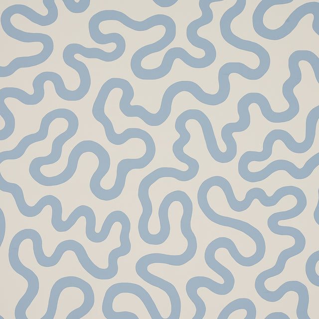 RILEY wallpaper in sky on ivory by Schumacher, featuring a modern vermicelli pattern in blue on a white background.