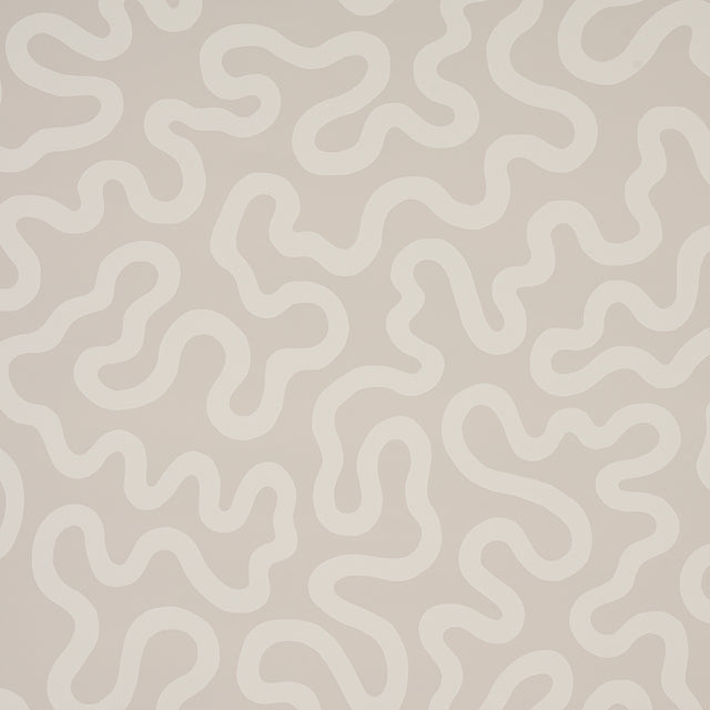 RILEY wallpaper in Natural by Schumacher features a modern vermicelli pattern in a neutral colorway, shown in a styled interior and close-up views.
