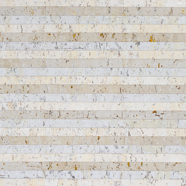 Cork Stripe wallcovering in white with metallic flecks and hand-pieced strips, by Schumacher.