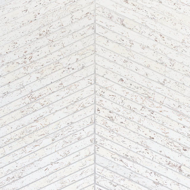 Cork Herringbone white wallcovering with natural cork texture and metallic flecks in a herringbone pattern by Schumacher.