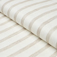 Textured Linen Stripe wallpaper in white with organic linen-inspired stripes, shown in detail and installed in bedroom and bathroom settings.