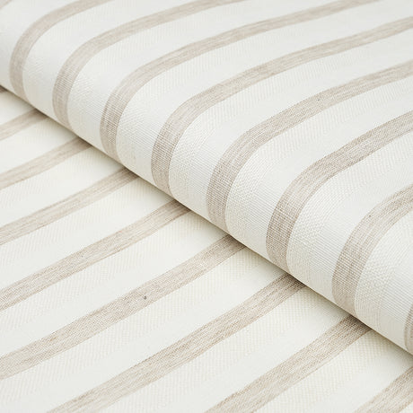 Textured Linen Stripe wallpaper in white with organic linen-inspired stripes, shown in detail and installed in bedroom and bathroom settings.