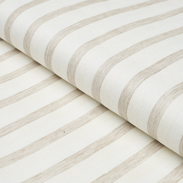 Textured Linen Stripe wallpaper in white with organic linen-inspired stripes, shown in detail and installed in bedroom and bathroom settings.
