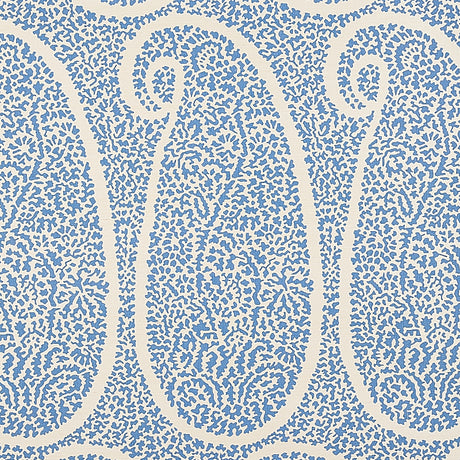 Ambala Paisley Sisal wallpaper in bright blue, featuring a large-scale paisley pattern with intricate details, printed on sisal grasscloth.