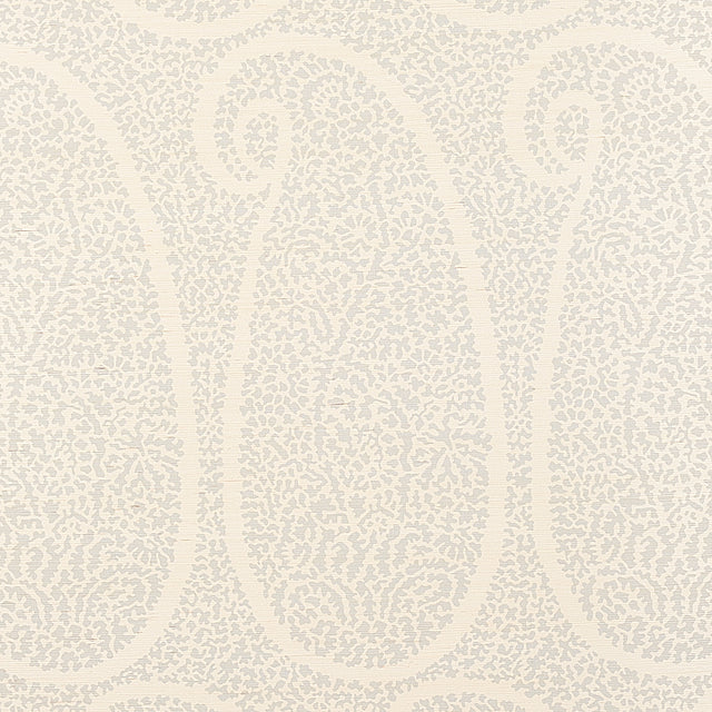 Ambala Paisley Sisal wallpaper in Slate by Schumacher, large-scale paisley pattern printed on sisal grasscloth wallcovering.
