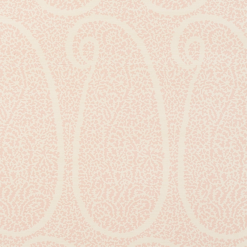 Ambala Paisley Sisal blush pink paisley grasscloth wallpaper by Schumacher, shown in detail and in a styled room setting.
