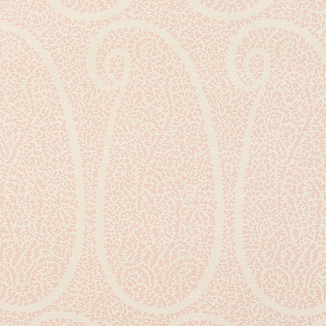 Ambala Paisley Sisal blush pink paisley grasscloth wallpaper by Schumacher, shown in detail and in a styled room setting.