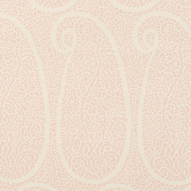 Ambala Paisley Sisal blush pink paisley grasscloth wallpaper by Schumacher, shown in detail and in a styled room setting.