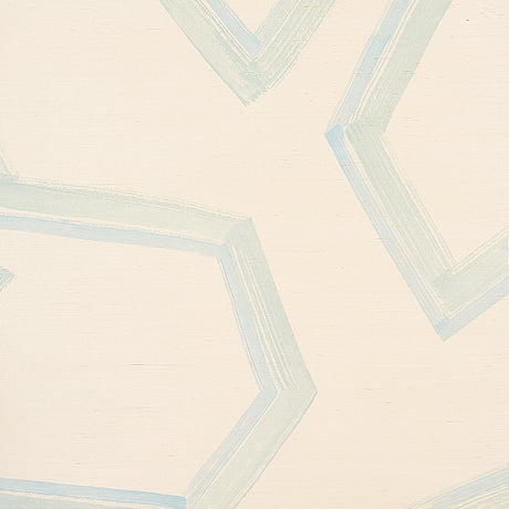 Enzo Sisal wallcovering in blue with an outsized geometric pattern, shown in a styled interior and close-up details.