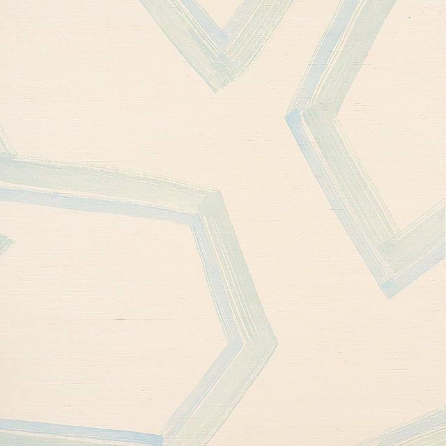 Enzo Sisal wallcovering in blue with an outsized geometric pattern, shown in a styled interior and close-up details.
