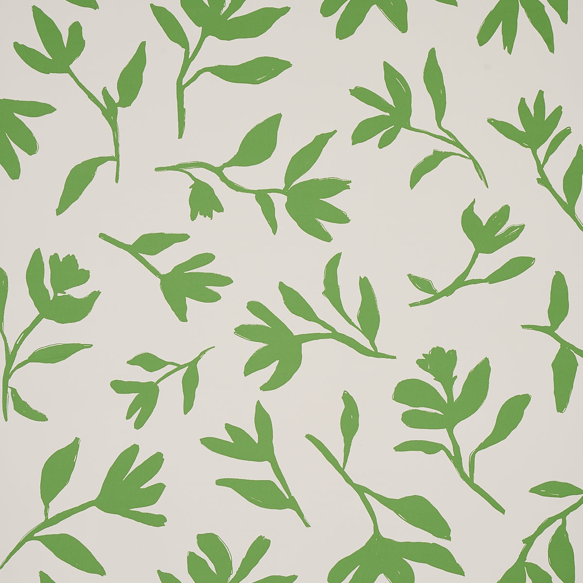 Laurel green botanical wallpaper from Schumacher's Smith Street collection, featuring bold leafy silhouettes on a light background.