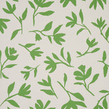 Laurel green botanical wallpaper from Schumacher's Smith Street collection, featuring bold leafy silhouettes on a light background.