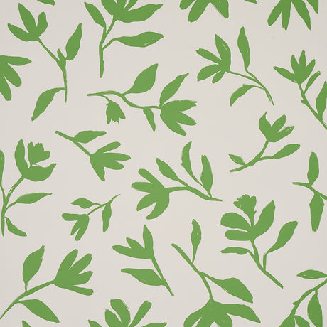 Laurel green botanical wallpaper from Schumacher's Smith Street collection, featuring bold leafy silhouettes on a light background.