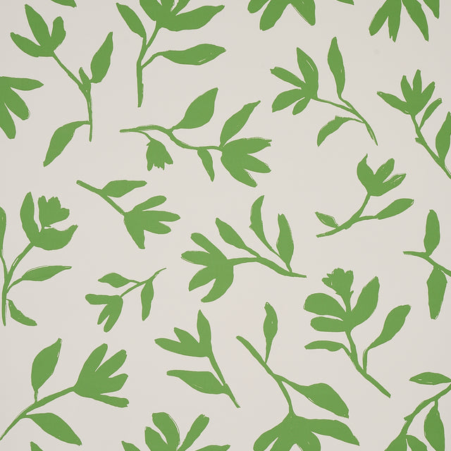 Laurel green botanical wallpaper from Schumacher's Smith Street collection, featuring bold leafy silhouettes on a light background.
