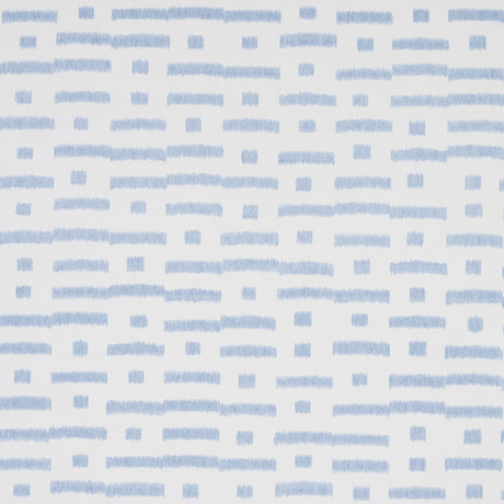 Abstract Ikat Sky wallpaper by Schumacher, featuring a rhythmic broken-stripe pattern in blue on white, shown in a modern living room setting.