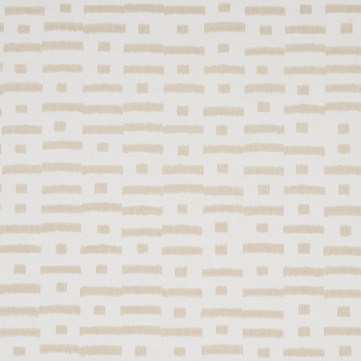 Abstract Ikat wallpaper in natural colorway, featuring a rhythmic broken-stripe pattern with subtle striations, styled in a modern living room.