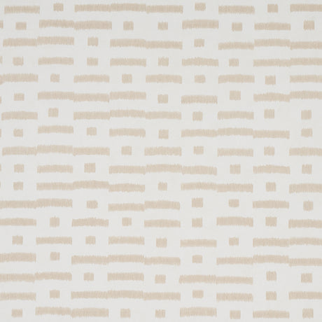Abstract Ikat wallpaper in natural colorway, featuring a rhythmic broken-stripe pattern with subtle striations, styled in a modern living room.