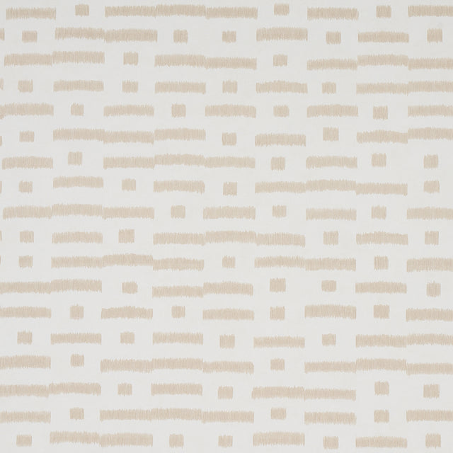 Abstract Ikat wallpaper in natural colorway, featuring a rhythmic broken-stripe pattern with subtle striations, styled in a modern living room.