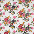 Valentina Floral wallpaper in multi on white, featuring vibrant stylized blossoms and green foliage on a white background.
