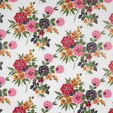 Valentina Floral wallpaper in multi on white, featuring vibrant stylized blossoms and green foliage on a white background.