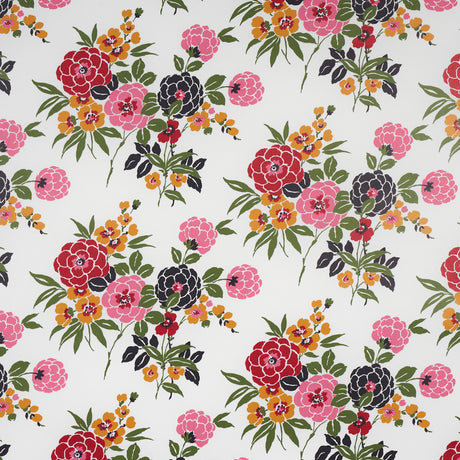 Valentina Floral wallpaper in multi on white, featuring vibrant stylized blossoms and green foliage on a white background.