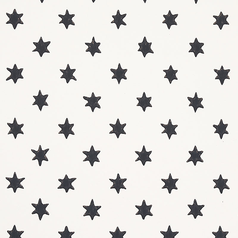 Astral wallpaper in black by Schumacher, featuring small six-pointed stars in offset rows, designed by Hobe Erwin.