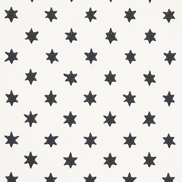 Astral wallpaper in black by Schumacher, featuring small six-pointed stars in offset rows, designed by Hobe Erwin.