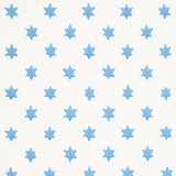 Astral blue wallpaper by Schumacher featuring small six-pointed stars in a repeating pattern, designed by Hobe Erwin.