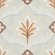 Front Waltz wallpaper in sage by Schumacher, featuring a stylized trelliswork of leaves, flowers, and palm plumes in a soft, elegant pattern.