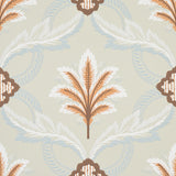 Front Waltz wallpaper in sage by Schumacher, featuring a stylized trelliswork of leaves, flowers, and palm plumes in a soft, elegant pattern.