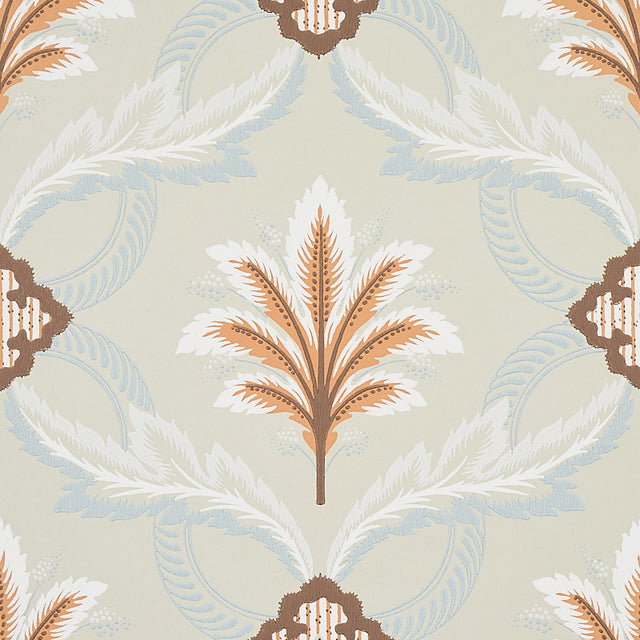 Front Waltz wallpaper in sage by Schumacher, featuring a stylized trelliswork of leaves, flowers, and palm plumes in a soft, elegant pattern.