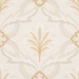 Front Waltz wallpaper in grey and gold by Schumacher, featuring a stylized trelliswork of leaves, flowers, and palm plumes in an elegant, timeless design.