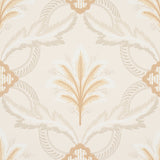 Front Waltz wallpaper in grey and gold by Schumacher, featuring a stylized trelliswork of leaves, flowers, and palm plumes in an elegant, timeless design.