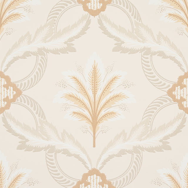 Front Waltz wallpaper in grey and gold by Schumacher, featuring a stylized trelliswork of leaves, flowers, and palm plumes in an elegant, timeless design.