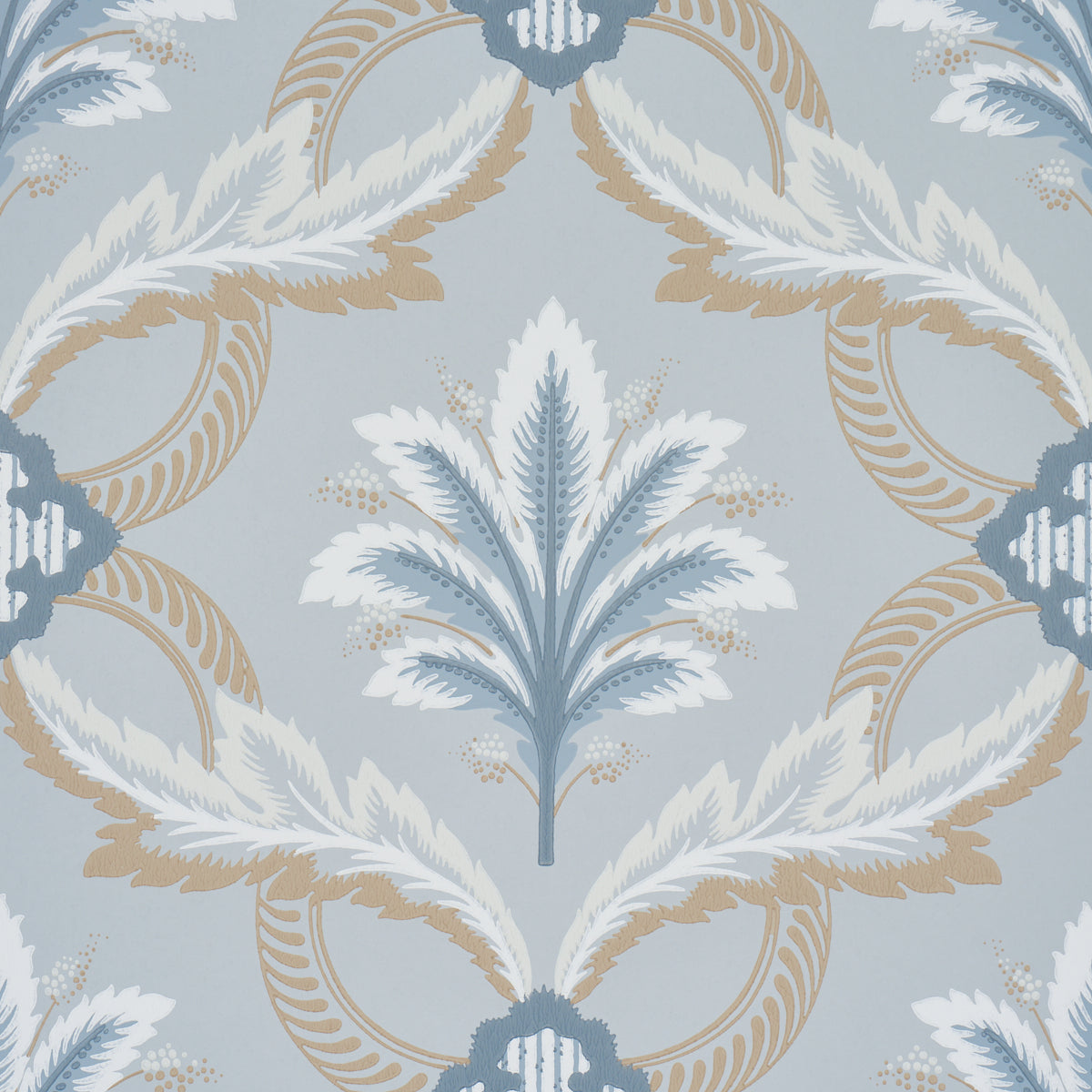Front Waltz wallpaper in light blue with stylized trelliswork of leaves, flowers, and palm plumes by Schumacher.