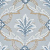 Front Waltz wallpaper in light blue with stylized trelliswork of leaves, flowers, and palm plumes by Schumacher.