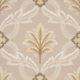 Front Waltz wallpaper in taupe with stylized trelliswork of leaves and palm plumes, Schumacher Wallflowers II collection.